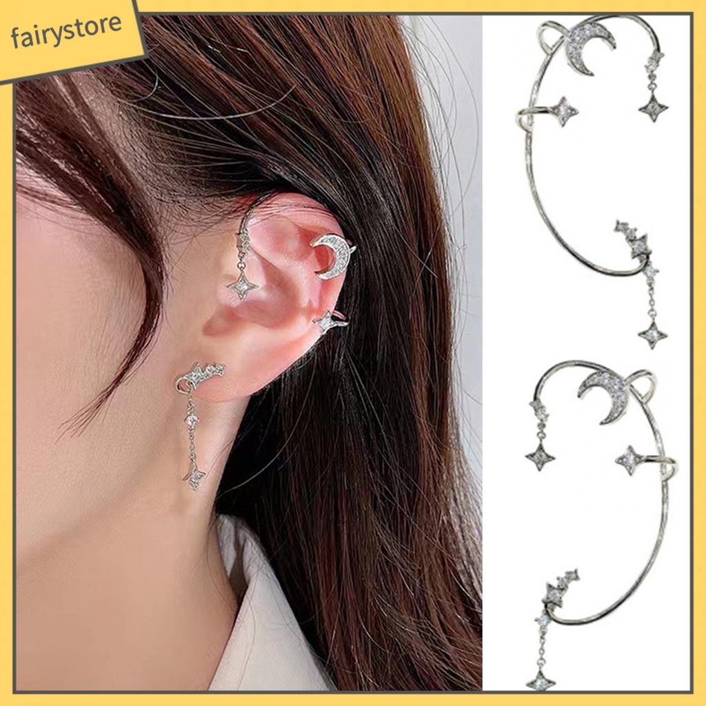 1 Đôi Bông Tai Kẹp Hình Ngôi Sao / Mặt Trăng Đính Đá Lấp Lánh