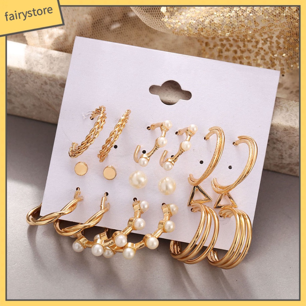 Set 9 Đôi Bông Tai Hợp Kim Dạng Vòng Đính Ngọc Trai Giả Thanh Lịch Cho Nữ