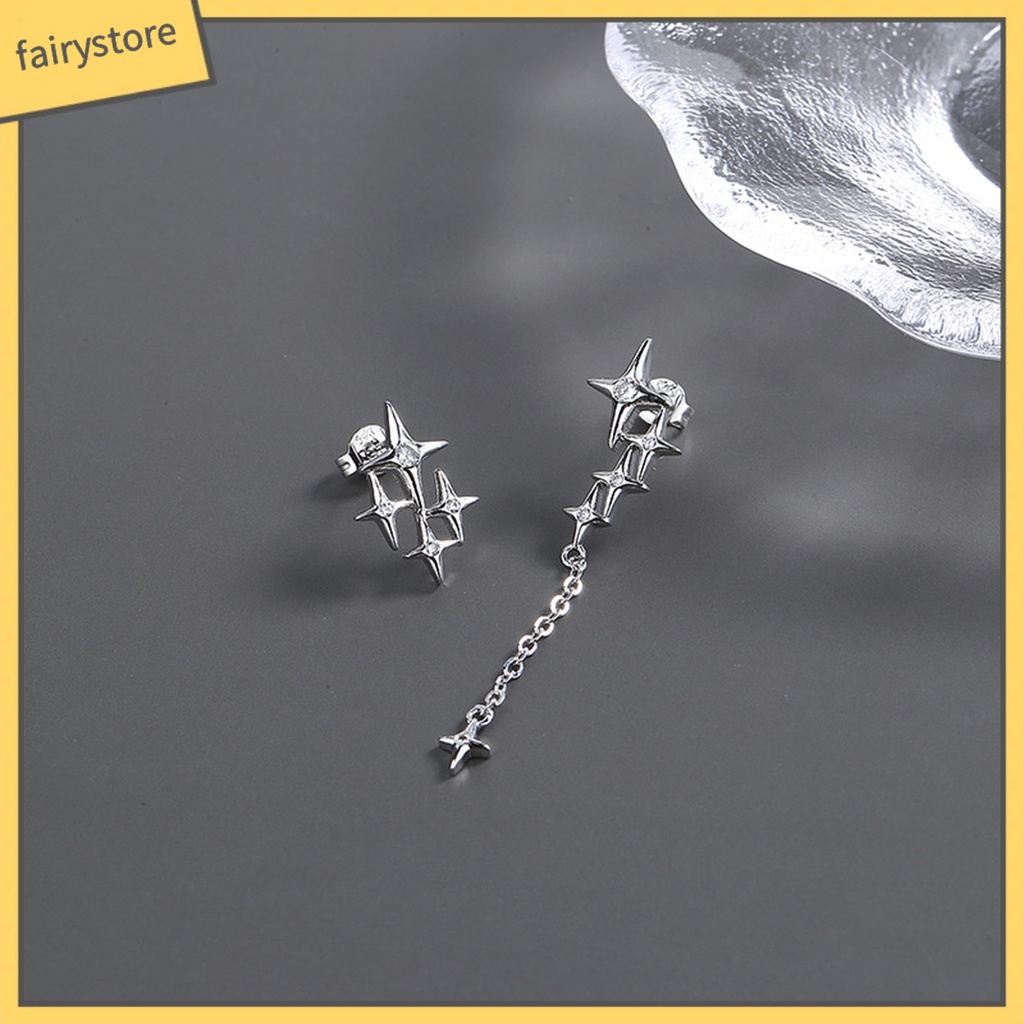 1 Đôi Bông Tai Xỏ Lỗ Dạng Chuỗi Thẳng Dài Mạ Bạc Thiết Kế Bốn Ngôi Sao Lấp Lánh Thời Trang Dự Tiệc