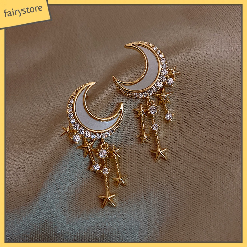 1 Đôi Bông Tai Hình Mặt Trăng Và Ngôi Sao Đính Đá Lấp Lánh Dành Cho Nữ