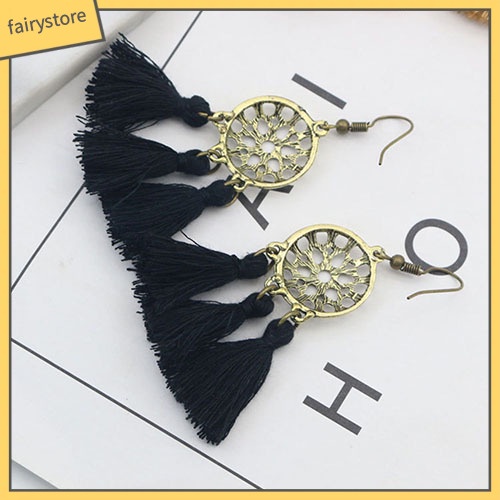 Bông Tai Dáng Dài Phối Tua Rua Phong Cách Vintage Cho Nữ