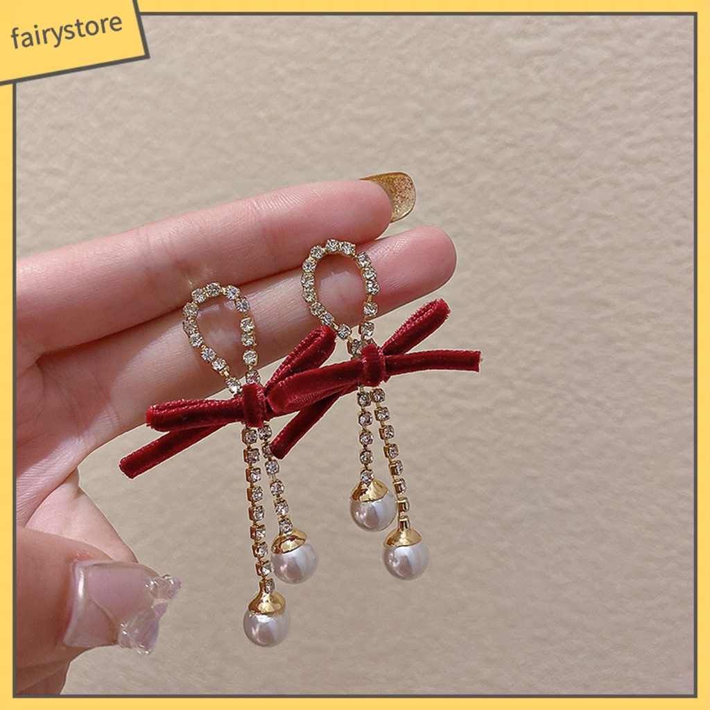 1 Đôi Bông Tai Đính Nơ Và Ngọc Trai Giả Thời Trang