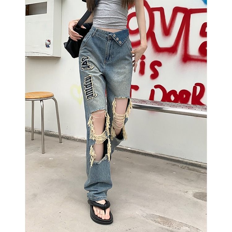 Y2k Quần Jeans Nữ Rách Dáng Suông Rộng Thêu Chữ vibe Đường Phố Mỹ Mùa Hè Cho Nữ