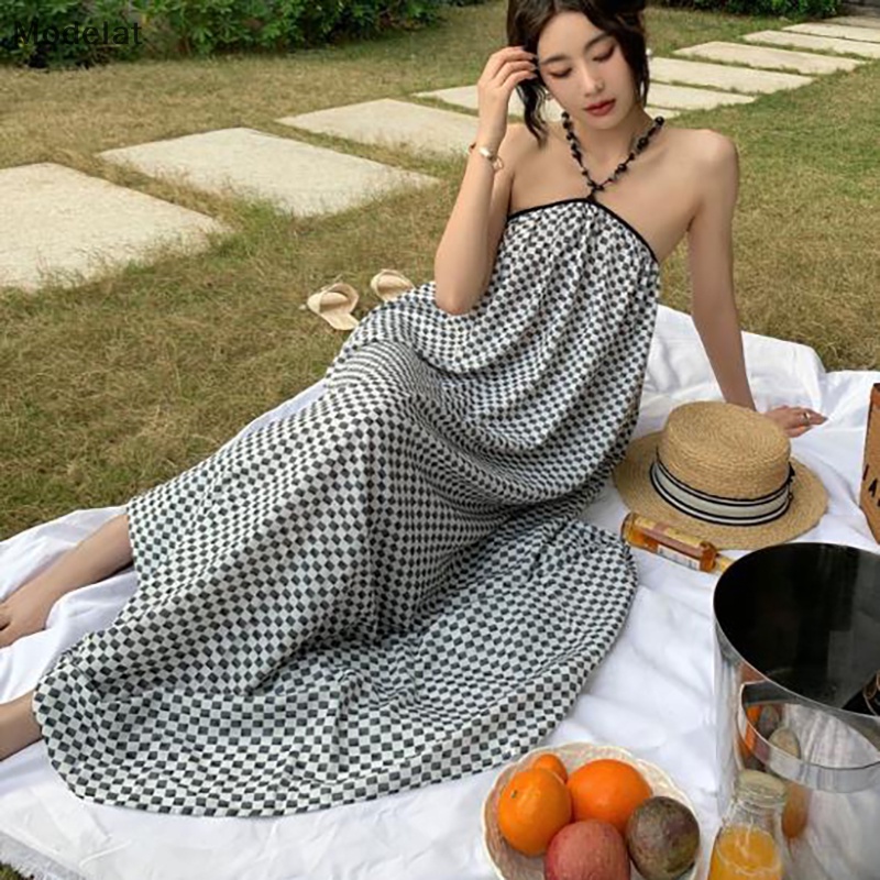 Đầm Chiffon Hai Dây Hở Lưng Họa Tiết Sọc Caro Phong Cách Boho Quyến Rũ Cho Nữ