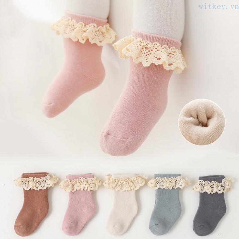 Vớ Cotton Mềm Dày Phối Ren Chống Trượt Thời Trang Thu Đông Cho Bé Sơ Sinh