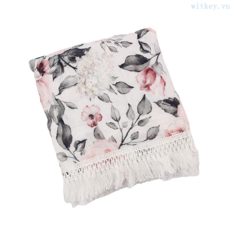 Chăn Quấn Em Bé Bằng Cotton Muslin Hai Lớp In Họa Tiết Phối Tua Rua