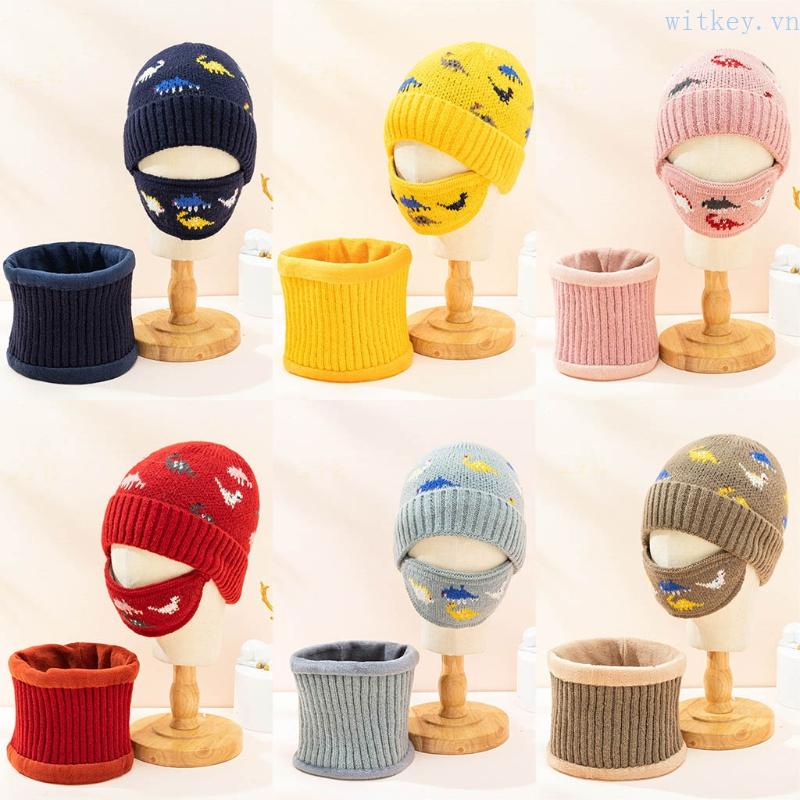 Bộ 3 Món Gồm Mũ beanie Dệt Kim Che Mặt Và Khăn Choàng Cổ Hình Khủng Long Giữ Ấm Mùa Đông Cho Bé