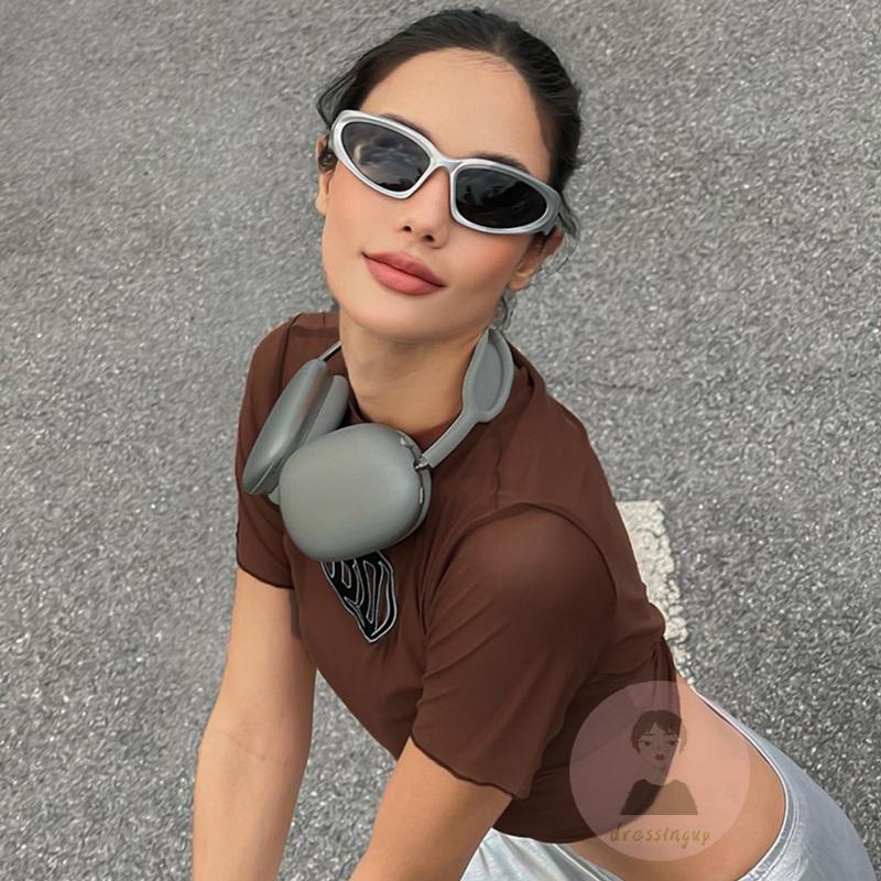 Áo Thun Tay Ngắn Cổ Tròn In Chữ Phối Lưới Thời Trang Cho Nữ