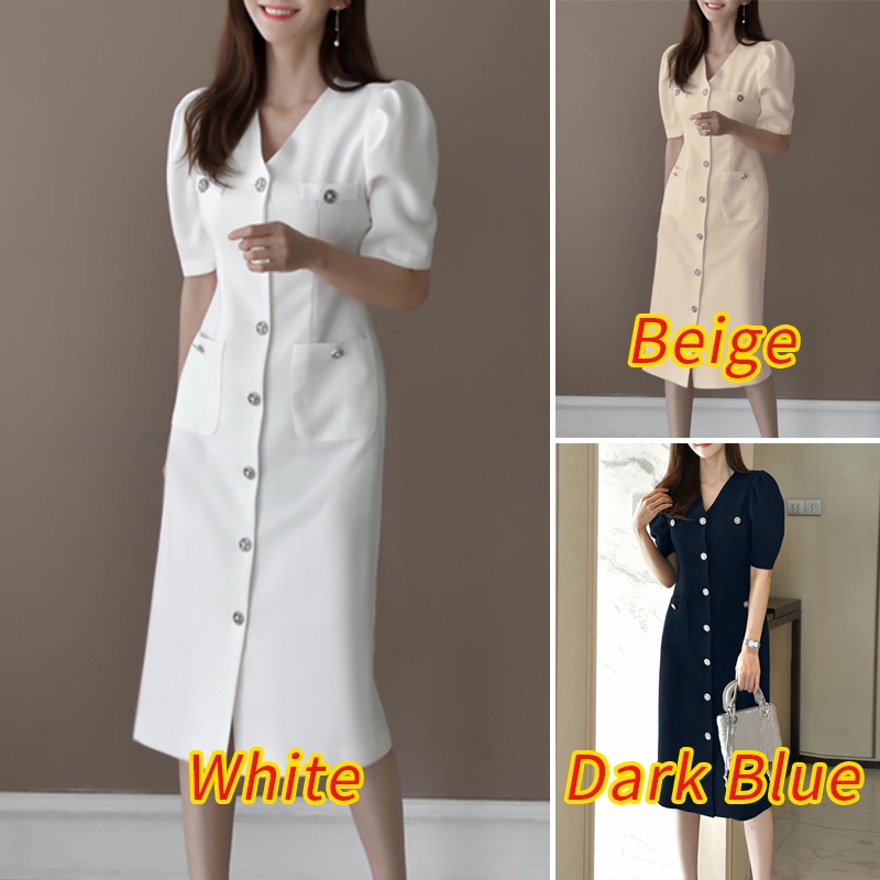 Đầm Nữ Tay Ngắn Cổ Chữ V Màu Trơn Phong Cách Hàn Quốc ZANZEA