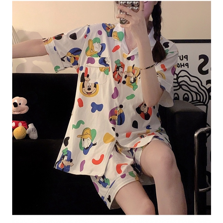 Bộ Đồ Ngủ Tay Ngắn Dáng Rộng In Họa Tiết Hoạt Hình Mickey Dễ Thương Thời Trang Mùa Hè Cho Nữ