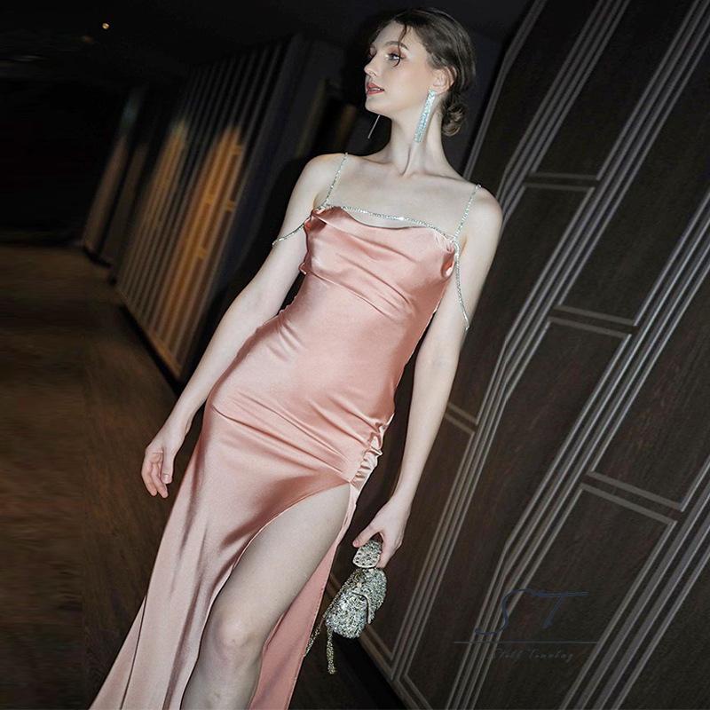 Đầm Satin Hai Dây Màu Trơn Đính Đá Xẻ Tà Cao Thời Trang Cho Nữ CY03