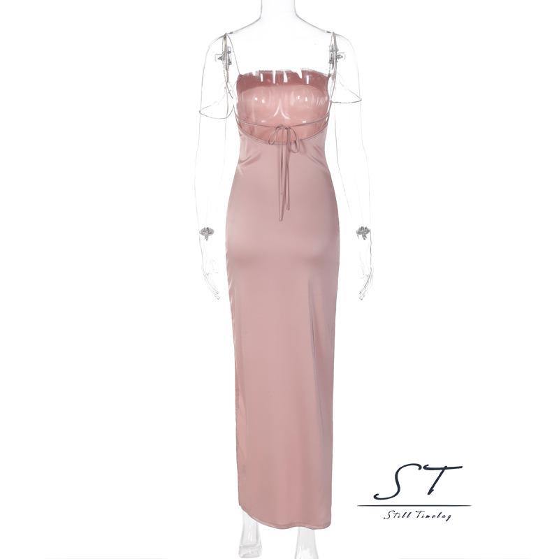 Đầm Satin Hai Dây Màu Trơn Đính Đá Xẻ Tà Cao Thời Trang Cho Nữ CY03