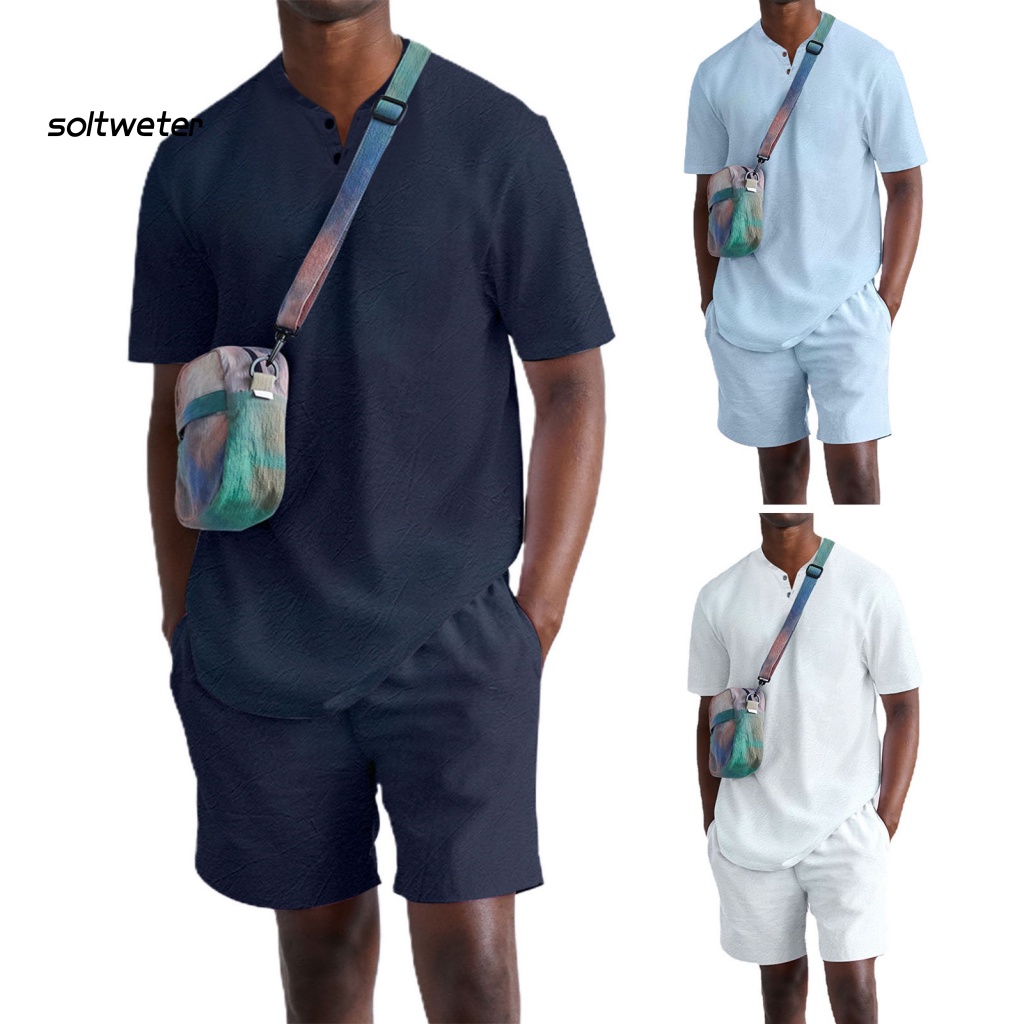 Bộ Trang Phục 2 Mảnh Gồm Áo Tay Ngắn Cổ Chữ V Màu Sắc Đơn Giản Và Quần Short Lưng Thun Thời Trang Mùa Hè Cho Nam
