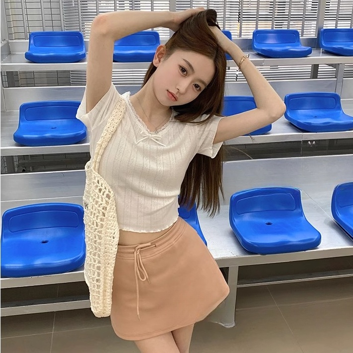 Áo Thun Dệt Kim Ngắn Tay Thắt Nơ Phong Cách Mới Mùa Hè Cho Nữ