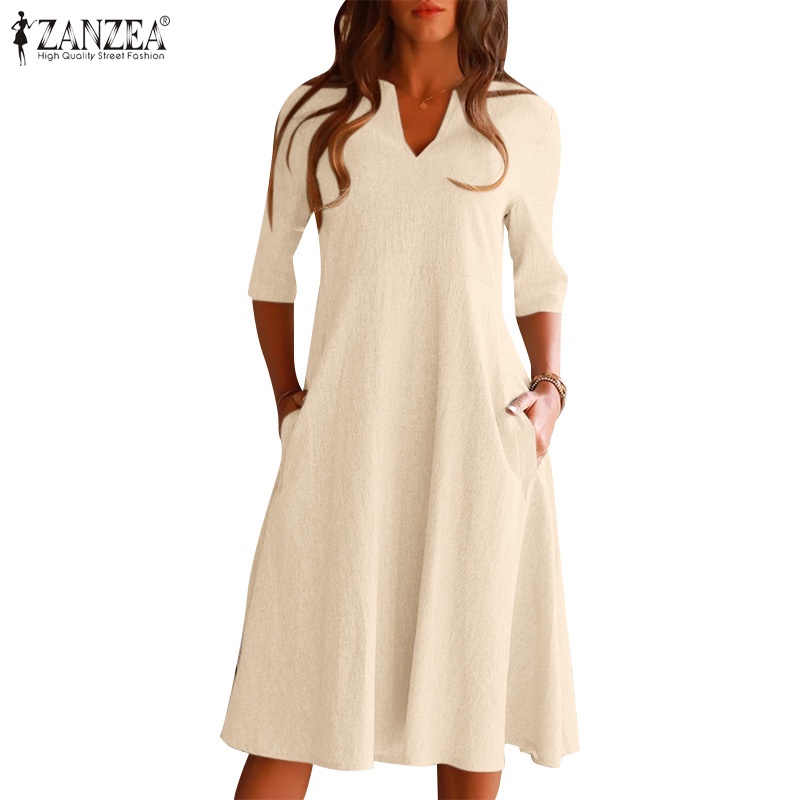 Zanzea Đầm Midi Tay Lửng Cổ Chữ V Phong Cách Vintage Nữ Tính