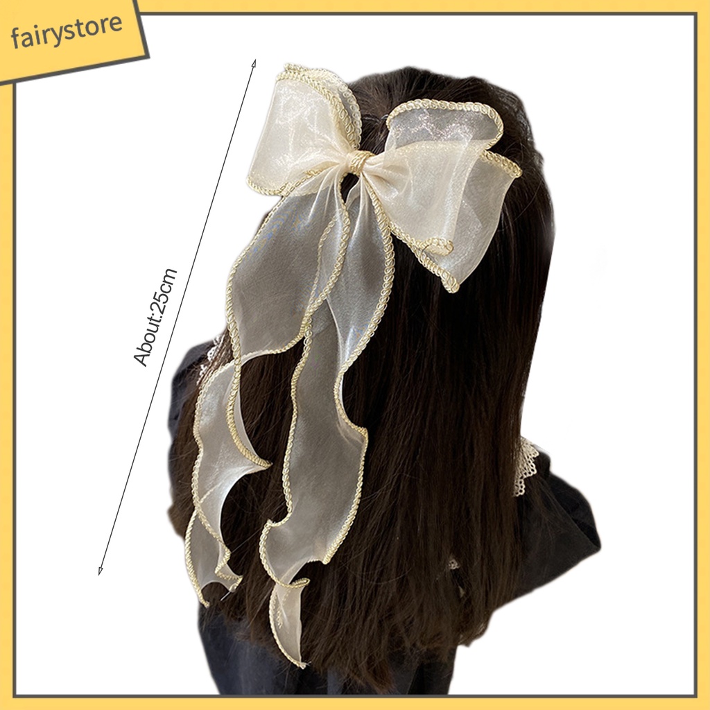 Kẹp Tóc Đính Nơ Lưới Ruy Băng Dài Phong Cách Hàn Quốc Cho Nữ