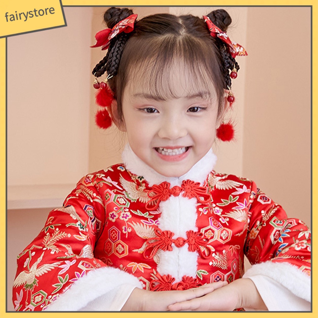 1 Cặp Kẹp Tóc Giả Đính Nơ Tua Rua Phong Cách Trung Hoa Ngọt Ngào Cho Bé Gái