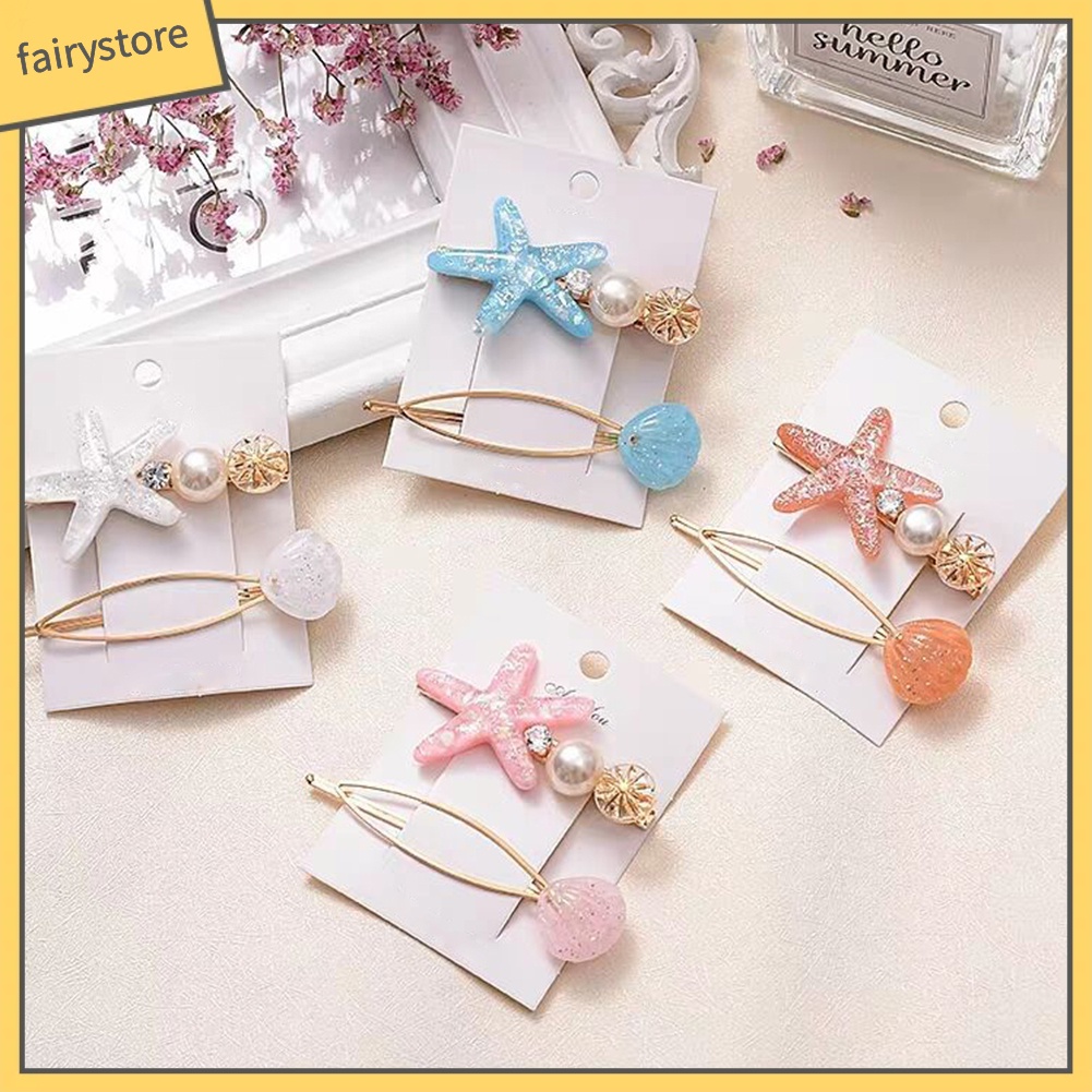 Set 2 Kẹp Tóc Hình Vỏ Sò / Sao Biển Đính Ngọc Trai Giả Thời Trang