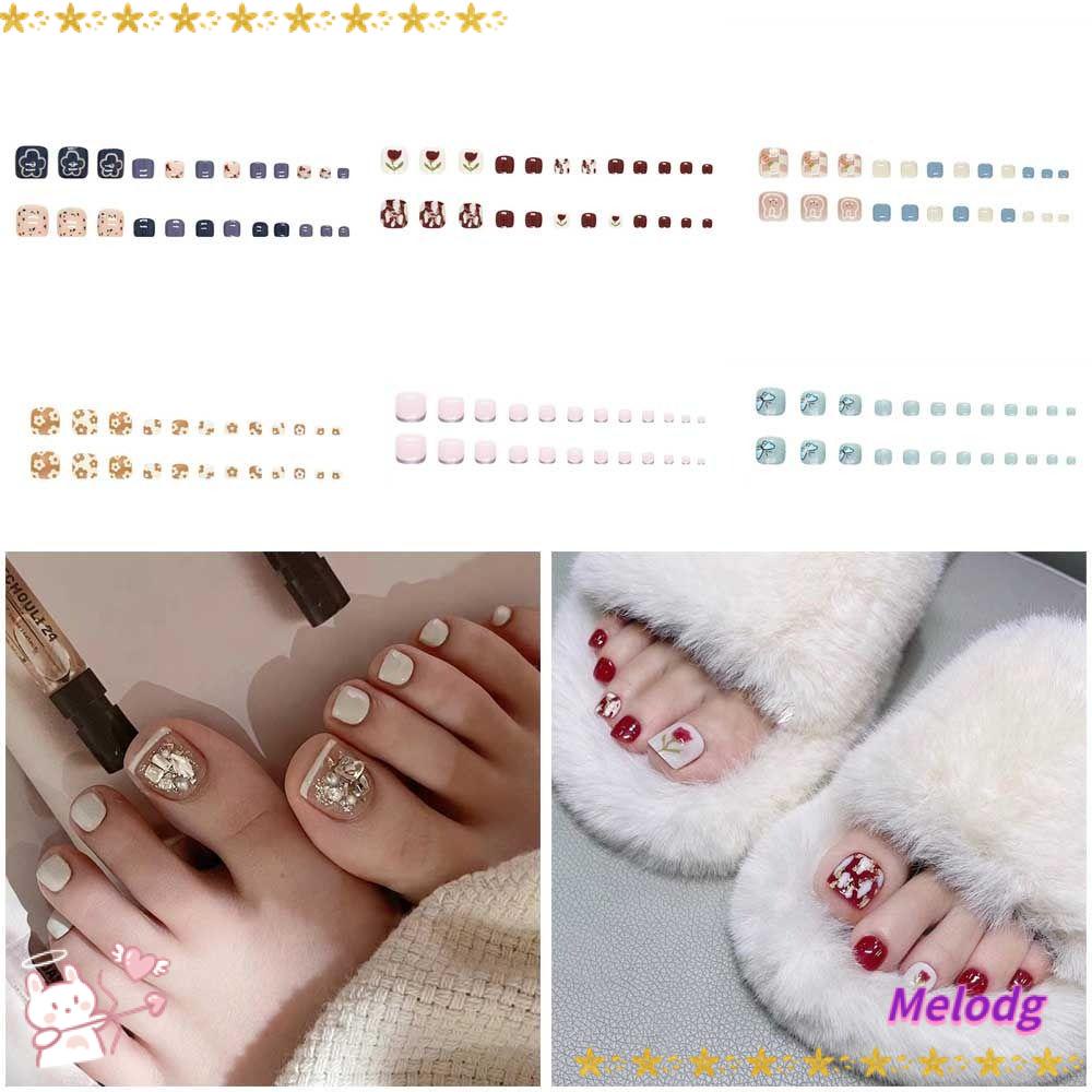 MELODG Móng Chân Giả Hình Vuông Ngắn Phong Cách Pháp