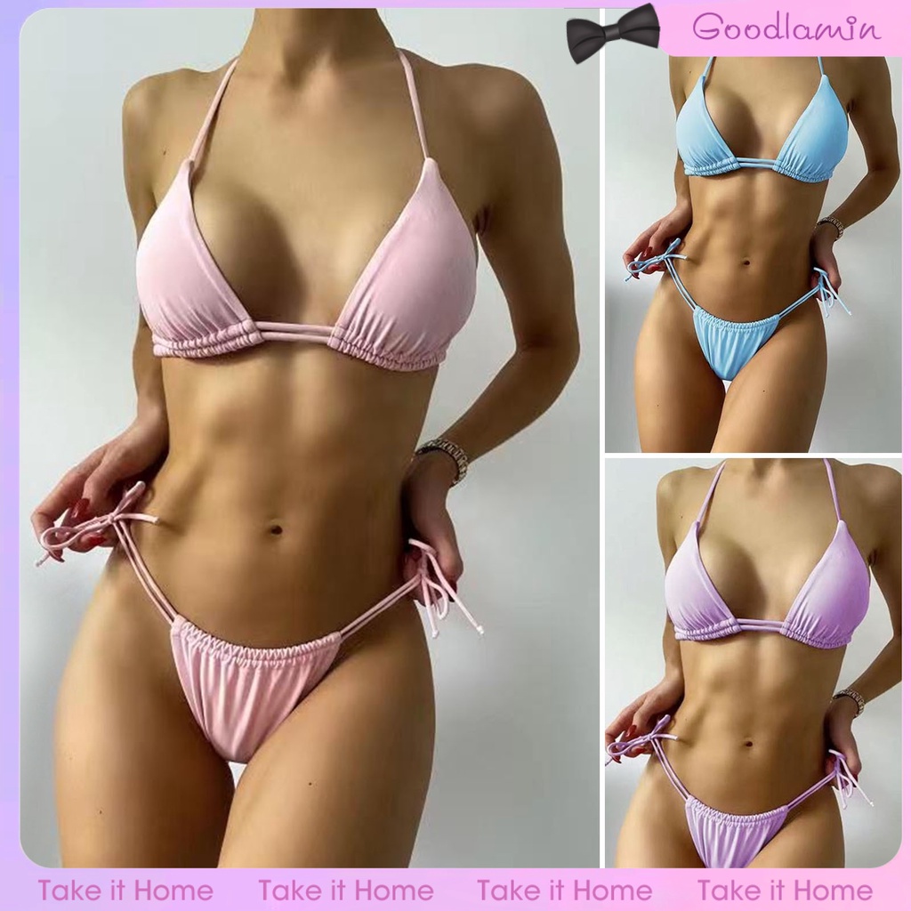Goodlaminyz Bộ Bikini Tam Giác 2 Mảnh Không Gọng Dây Hở Lưng Màu Trơn Có Đệm Ngực