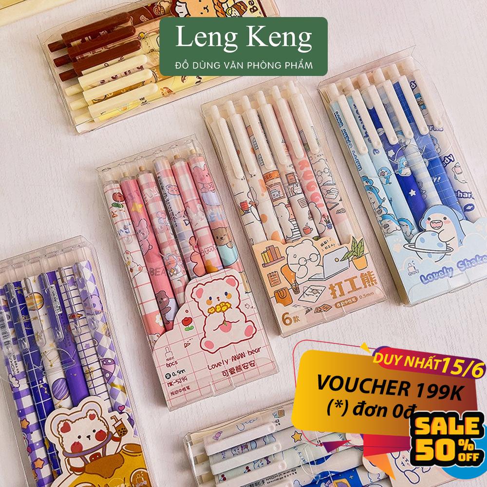 Bút bi bấm cute mực đen văn phòng phẩm Leng Keng bộ 6 bút nhiều kiểu dáng dễ thương B21