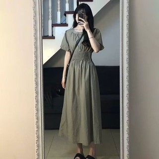Đầm nữ SUGEMIUSI kiểu chữ A ôm eo màu xanh lá đậu phong cách retro ngọt ngào