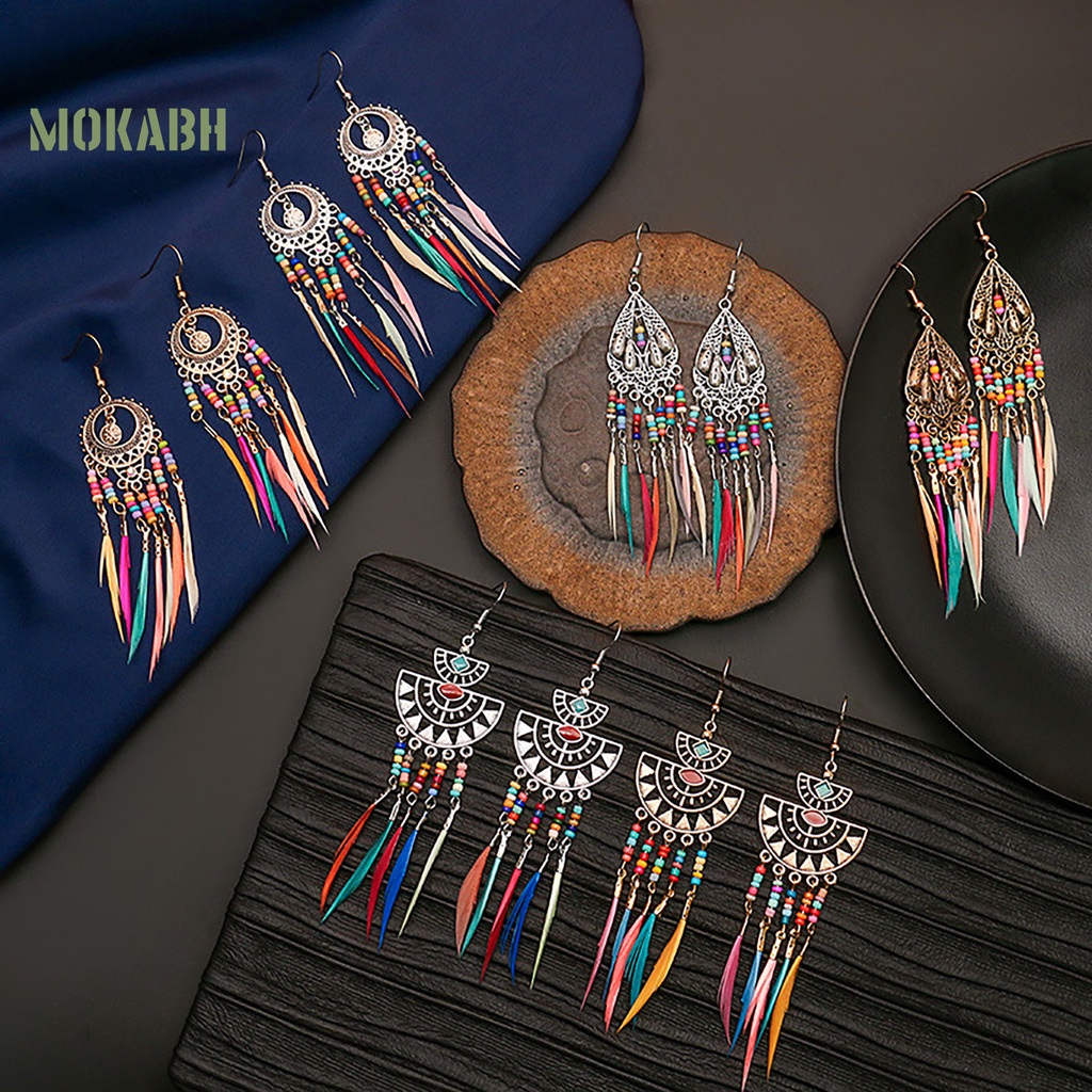 [Mok Abh] Bông Tai Theo Phong Cách Bohemian Retro Hình Lông Vũ