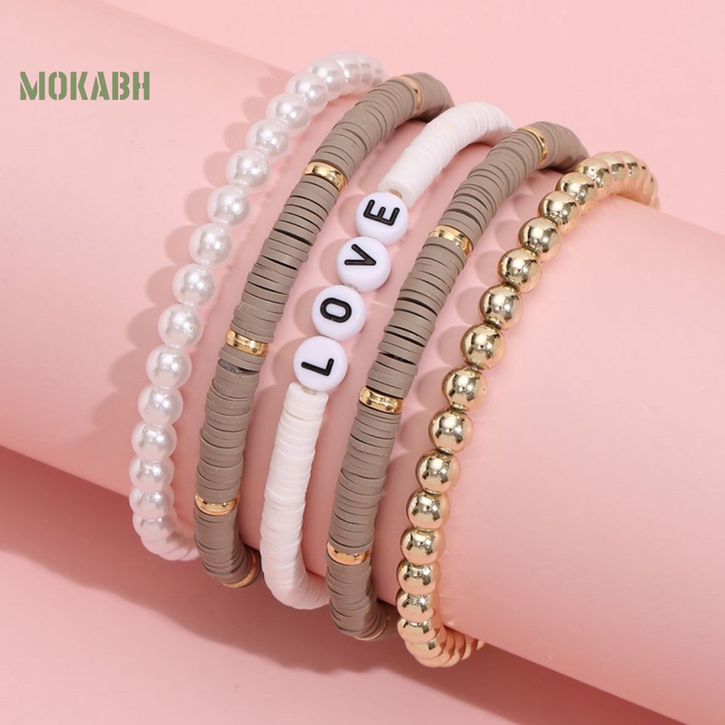 5 Vòng Tay Hạt Đất Sét Polymer Nhiều Màu Sắc Họa Tiết Chữ Love Phong Cách Bohemian