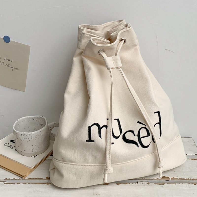 Ba Lô Rút Dây Bằng Vải Bạt Đơn Giản Sức Chứa Lớn In Chữ Thời Trang Phong Cách Hàn Quốc Cho Nữ