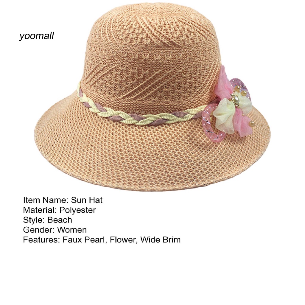 Mũ Tai Bèo Vành Rộng Chống Nắng Đính Hoa Giả Và Ngọc Trai Thời Trang Đi Biển Cho Nữ