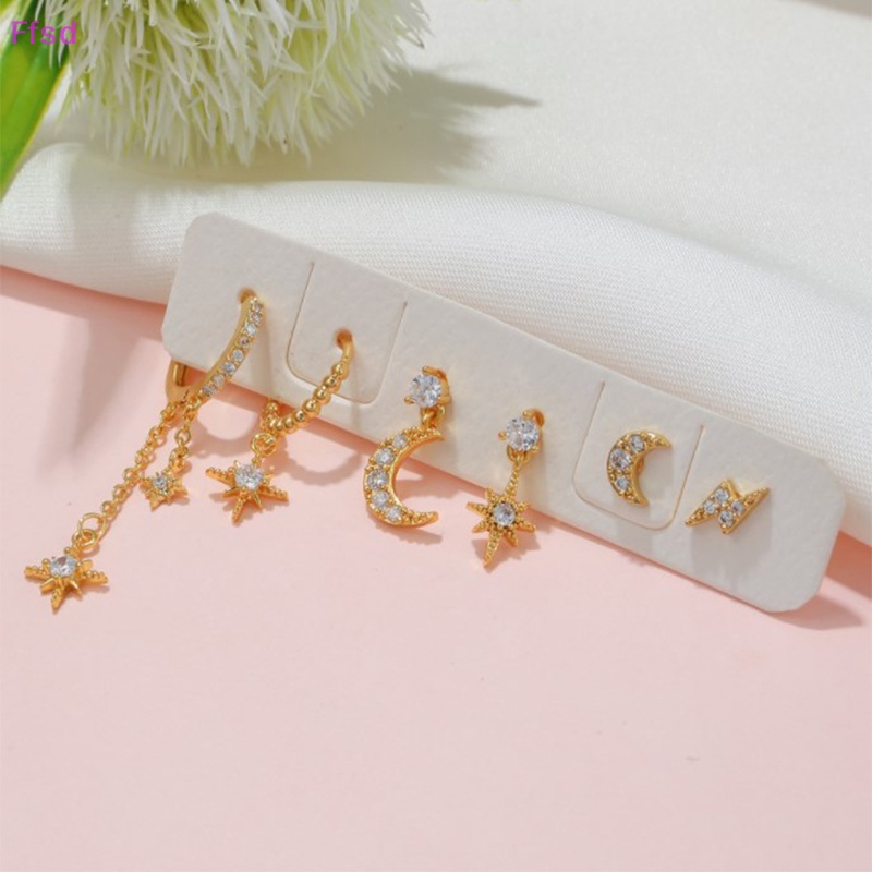 {Ffsd} Bộ 6 Bông Tai Xỏ Lỗ Đính Đá Zircon Pha Lê Hình Mặt Trăng Ngôi Sao Màu Vàng Cho Nữ