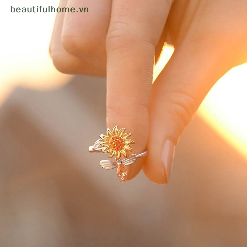 Nhẫn Mở Hình Hoa Hướng Dương / Ong Bằng Đồng Zircon Xoay Được Giúp Giảm Căng Thẳng Điều Chỉnh Được Thời Trang Cho Nữ [beauty]