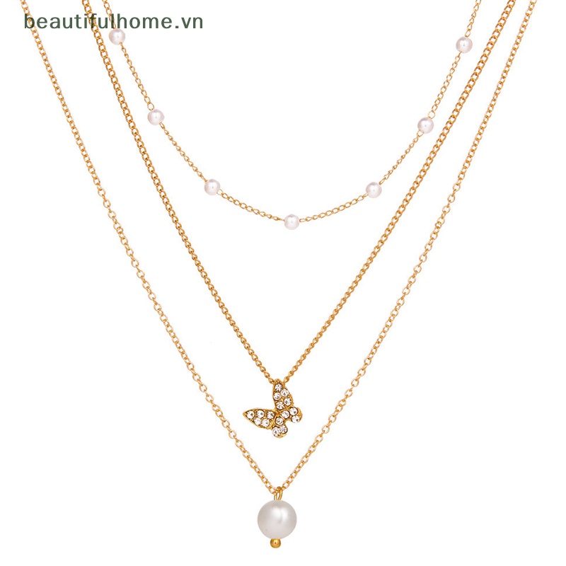 [beautifulhome] Vòng Cổ Choker Nhiều Lớp Mặt Hình Bướm Và Ngọc Trai Trang Nhã Dành Cho Nữ [beauty]