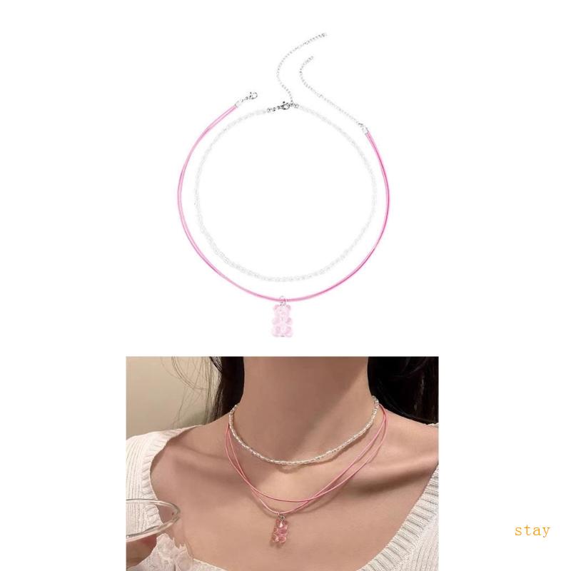 Vòng cổ Hai Lớp Mặt Hình Gấu Hồng Đính Ngọc Trai Dễ Thương Phong Cách Hip Hop Đường Phố Cho Nữ