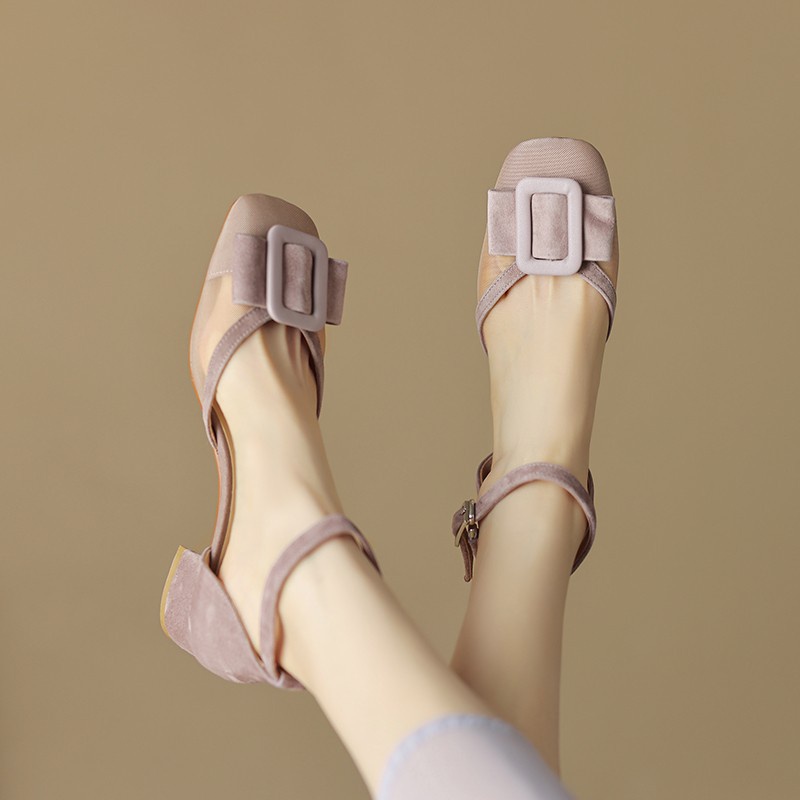 Duoya Tóc Thẳng ~ [Hàng Có Sẵn] Giày Sandal Bít Mũi Rỗng Dày Dây Thắt Nơ Bằng Da Thật Mềm Mại Có Lỗ Khóa Màu Sắc Miễn Phí Vận Chuyển Cho