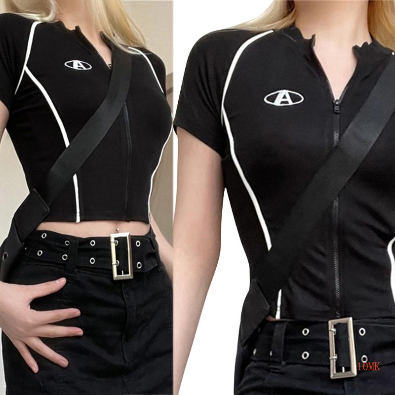 Áo Thun Tay Ngắn Cổ Tròn Có Khóa Kéo Phong Cách Thể Thao Thời Trang Mùa Hè Cho Nữ