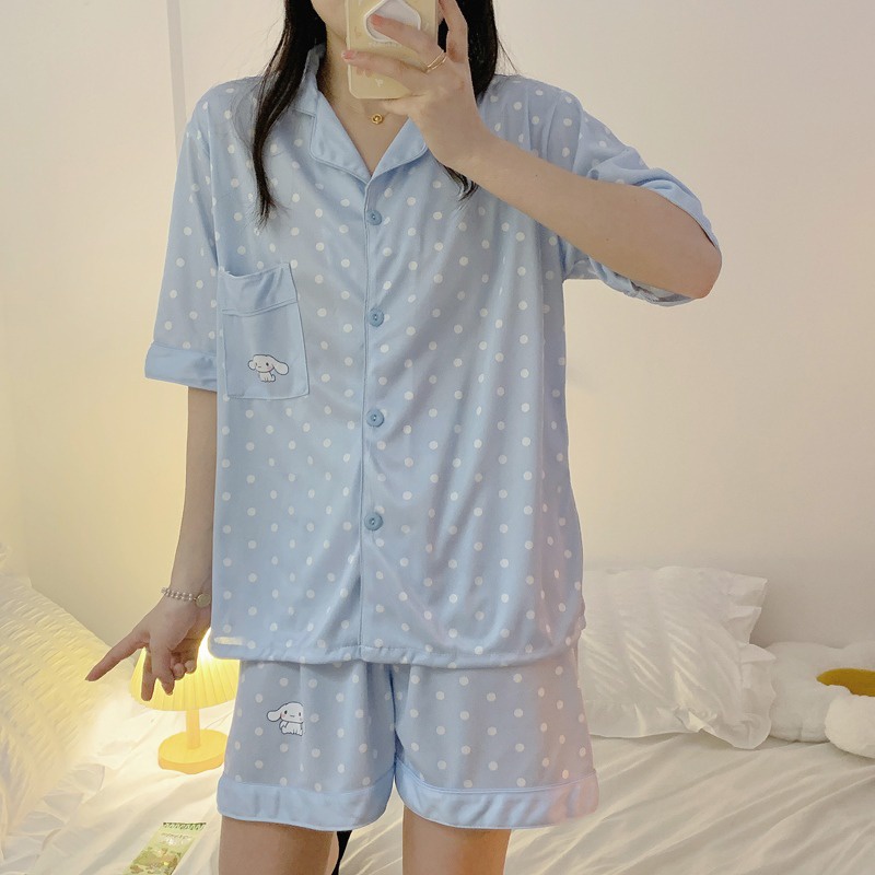 Bộ Đồ Ngủ Ngắn Tay Họa Tiết Chấm Bi Hoạt Hình Dễ Thương Dành Cho Nữ