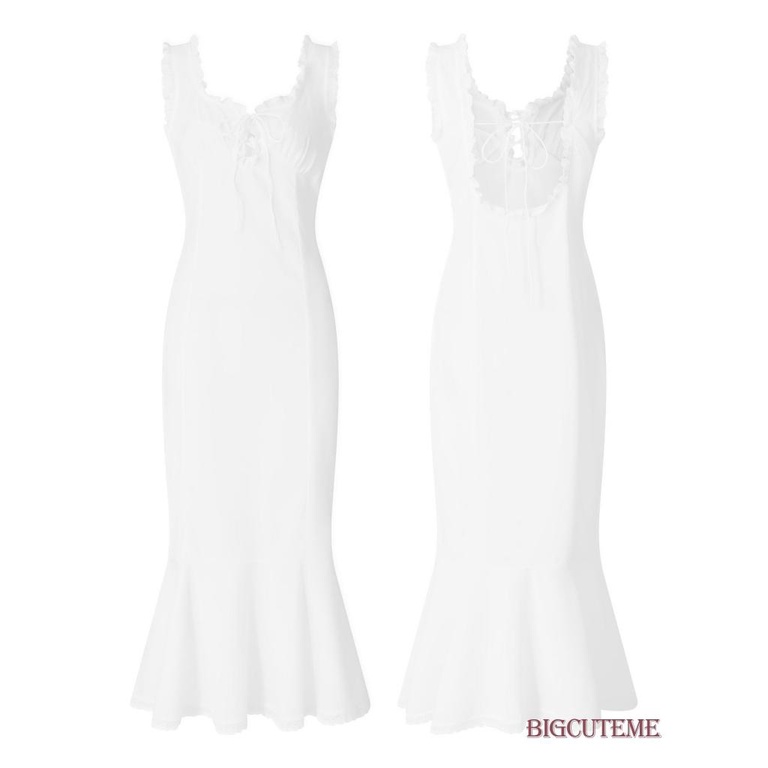 [] - Đầm Ôm Dáng Không Tay Nhún Bèo Thắt Dây Màu Trơn Dành Cho Nữ