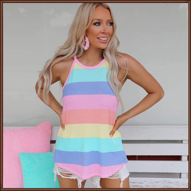 Áo Tank Top Không Tay Dáng Rộng Họa Tiết Kẻ Sọc Màu Sắc Tương Phản Thời Trang Đi Biển Cho Nữ