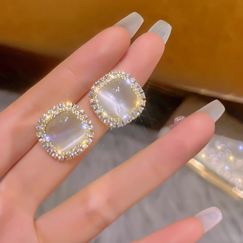 Khuyên Tai Đính Đá Opan Hình Vuông Phong Cách Hàn Quốc Thời Trang