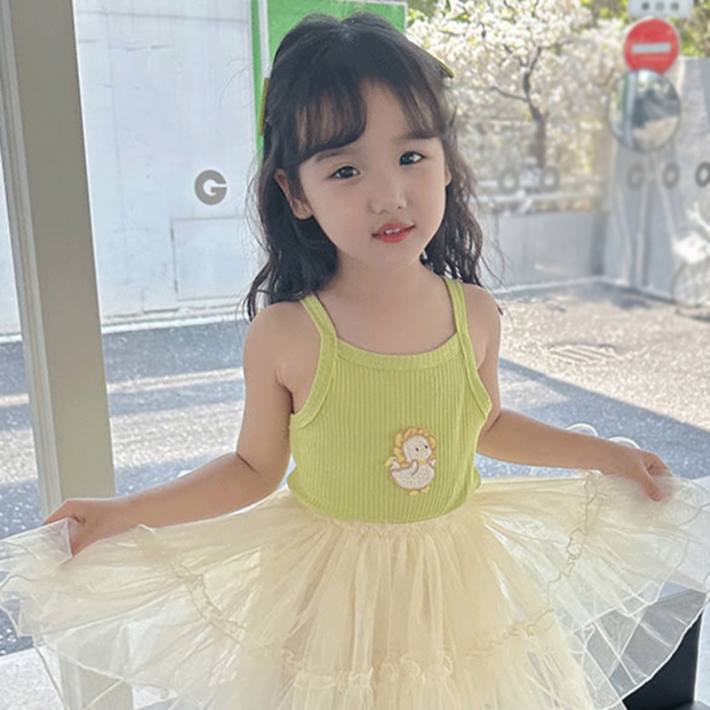 Áo Hai Dây Co Giãn Thêu Họa Tiết Hoạt Hình Phong Cách Hàn Quốc Thời Trang Mùa Hè Cho Bé Gái