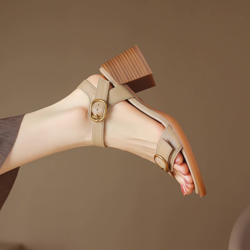 Duoya Tóc Thẳng ~ [Hàng Có Sẵn] Giày Sandal Dây Da Thật Mềm Cao Gót Hở Ngón Đế Dày Cài Khóa La Mã Cho Nữ