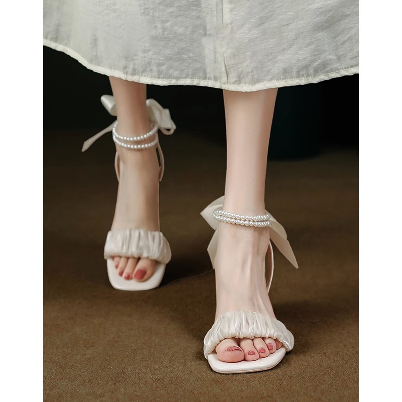 Duoya Tóc Thẳng ~ [Hàng Có Sẵn] Sandal Cao Gót Hở Ngón Đính Nơ Và Ngọc Trai Cho Nữ Miễn Phí Vận Chuyển