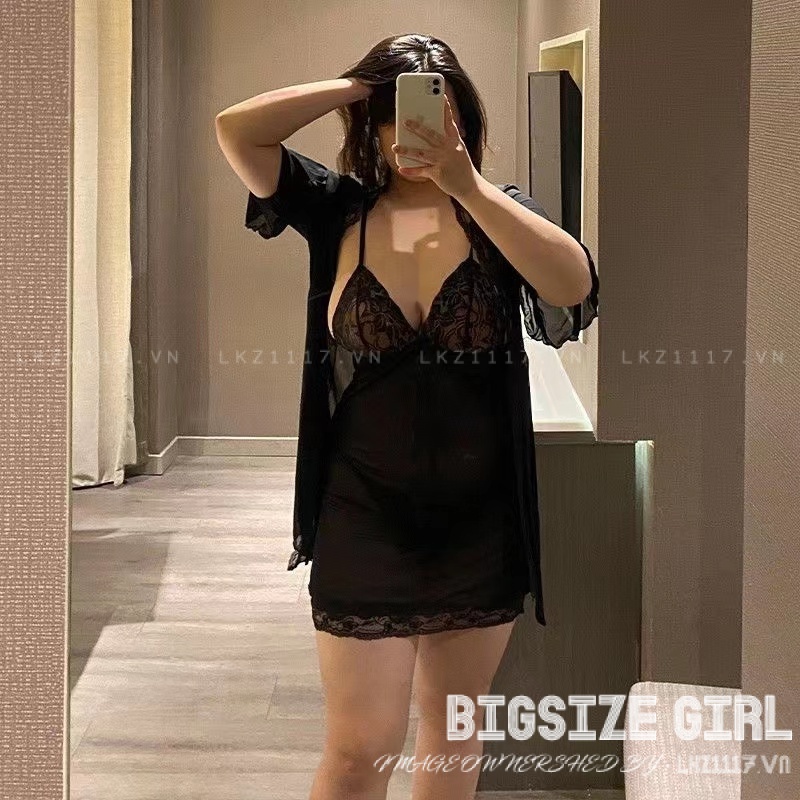 Set Bộ Đồ Ngủ sexy gợi cảm 3 mảnh Bigsize xuyên thấu Đầm Váy ngủ 2 dây +áo choàng +Quần lót nữ quyến rũ cho người mập béo nữ