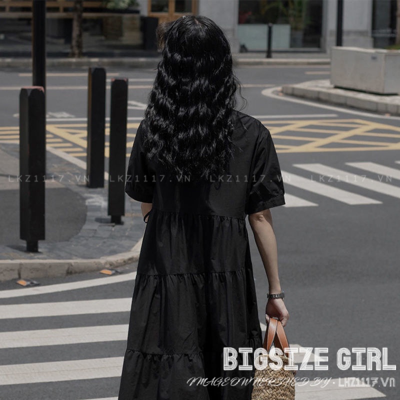 Váy đầm nữ Bigsize Đầm babydoll dáng dài tay ngắn cổ chữ v đen mùa hè Phong cách Hàn Quốc Thời Trang đẹp