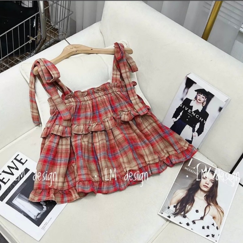 Áo babydoll hai dây kẻ caro đỏ buộc vai thắt nơ