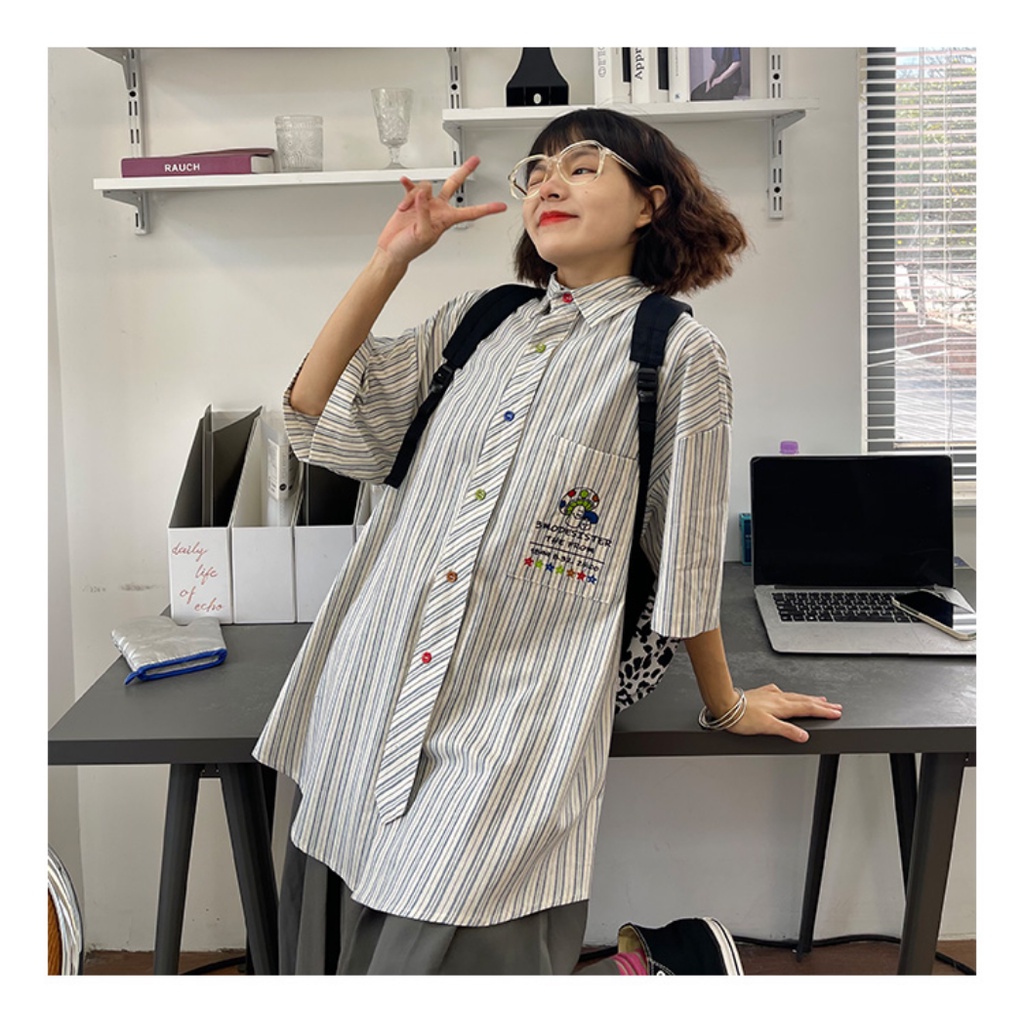 Áo Sơ Mi Tay Ngắn Kẻ Sọc In Hoạt Hình Thời Trang Mùa Hè 2023 Cho Nữ