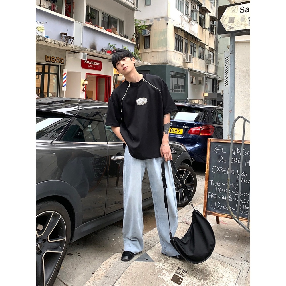 Áo Thun Tay Ngắn Cổ Tròn Dáng Rộng Phối Khóa Kéo Thời Trang Mùa Hè Cho Nam