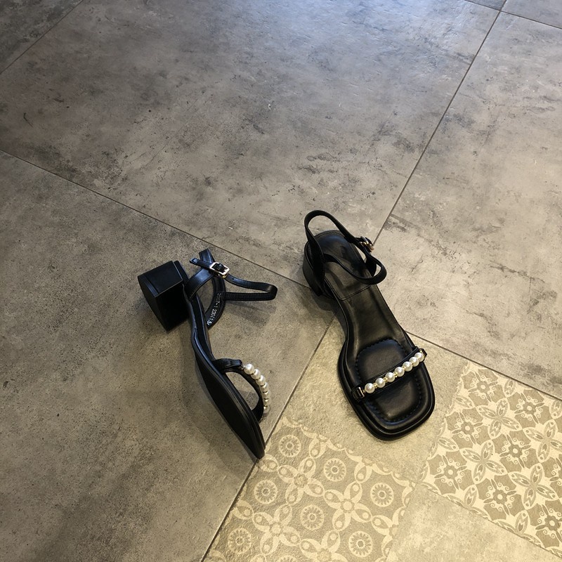 Duoya Tóc Thẳng ~ [Hàng Có Sẵn] Giày Sandal Hở Ngón Gót Dày Vừa Quai Đính Ngọc Trai Thời Trang Hàn Quốc Cho Nữ