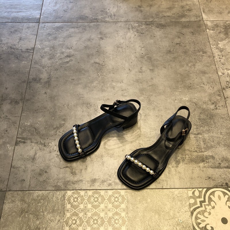 Duoya Tóc Thẳng ~ [Hàng Có Sẵn] Giày Sandal Hở Ngón Gót Dày Vừa Quai Đính Ngọc Trai Thời Trang Hàn Quốc Cho Nữ